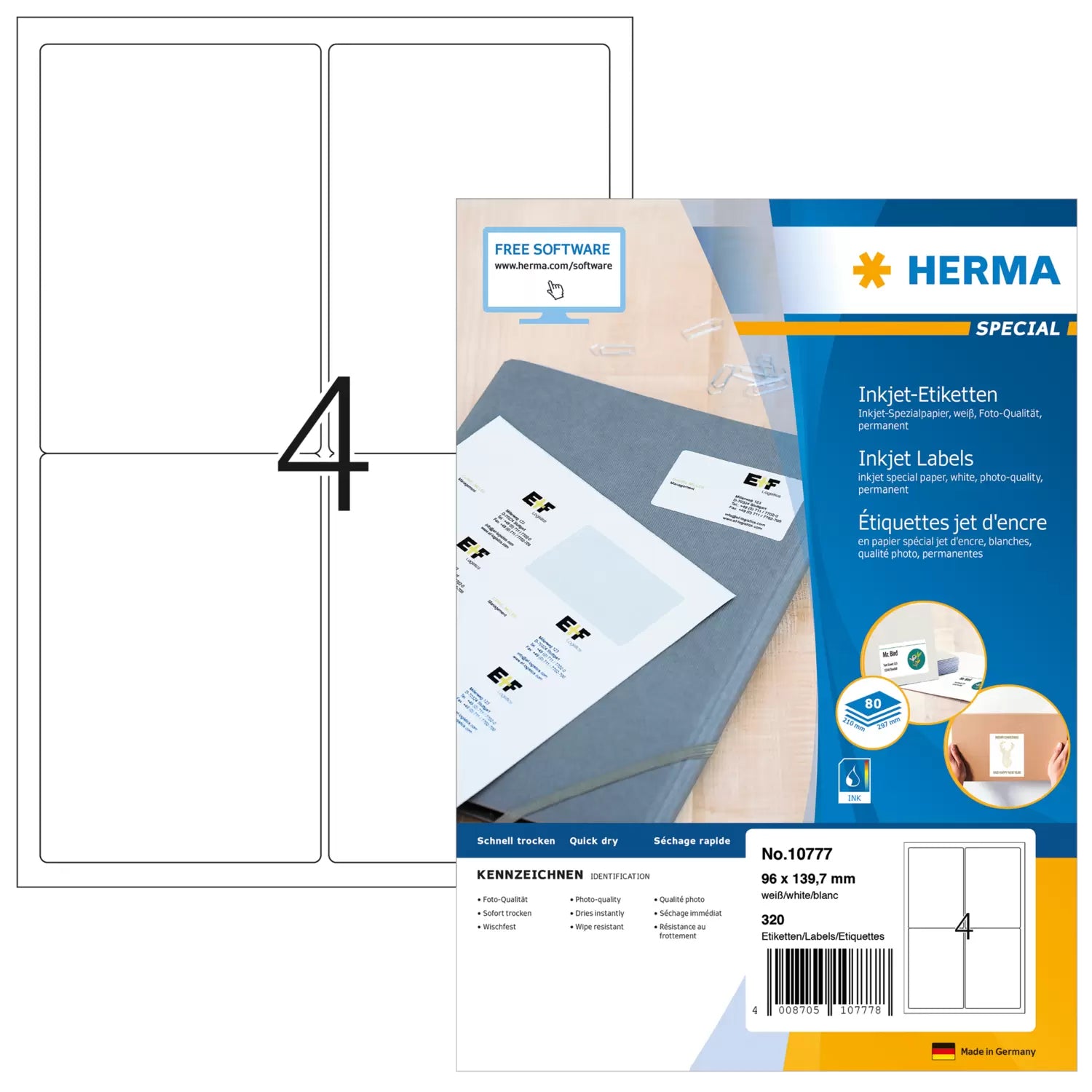 HERMA Adress-Etikett – A4, 4 Etiketten pro Blatt