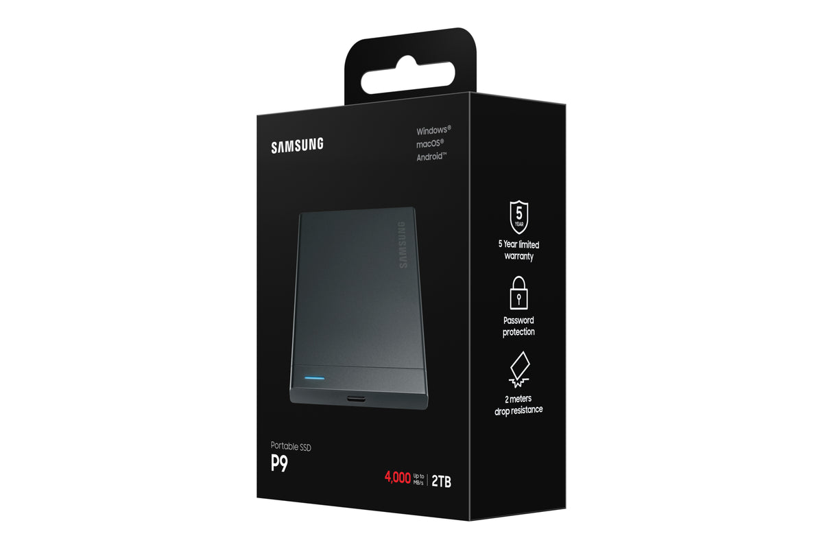 Samsung P9 2 TB Portable SSD – USB4 Gen 3x2, USB Typ-C, 4 000 MB/s lesen, 3 800 MB/s schreiben, Schwarz