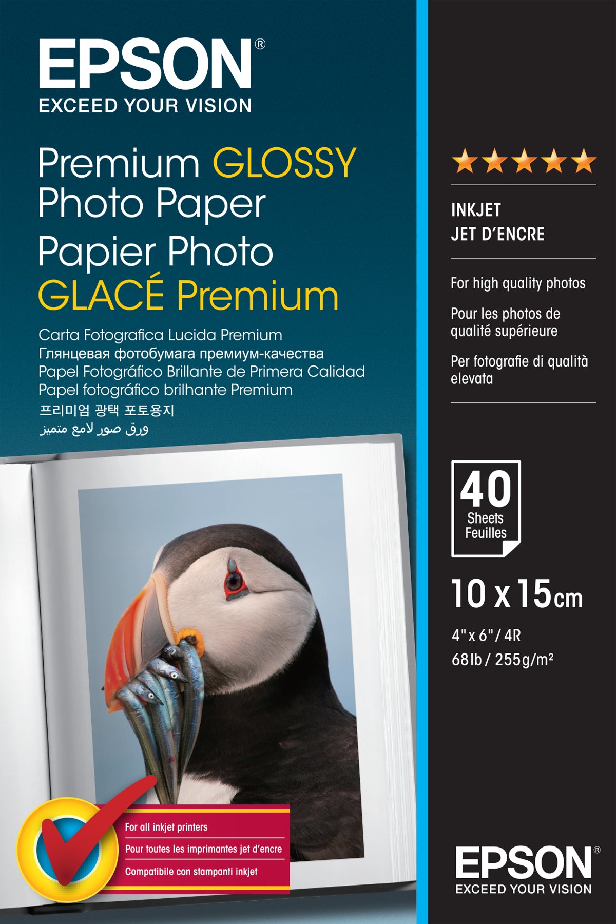 Epson Premium Glossy Fotopapier – hochglänzend, 10 × 15 cm, 255 g/m², 40 Blatt, für Inkjet