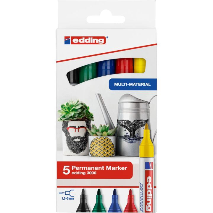 Edding 3000 Permanentmarker – Rundspitze 1,5–3 mm – Mehrfarbig – 5er-Pack – für Glas, Metall und Kunststoff