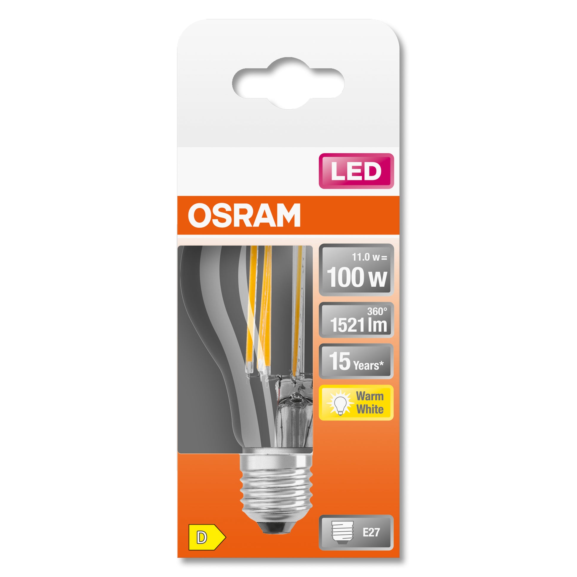 Osram LED-Leuchtmittel Classic A Filament E27 – 11 W, 1521 lm, 2700 K Warmweiss, Klar