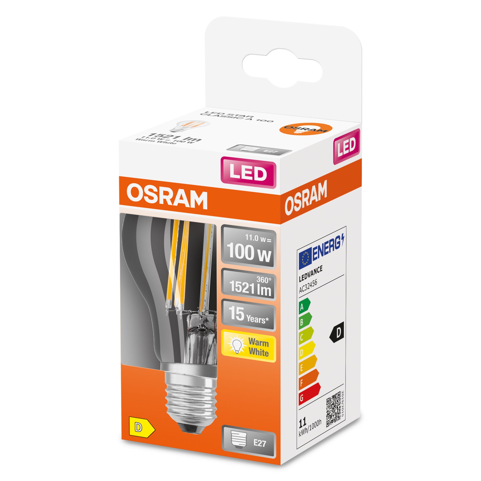 Osram LED-Leuchtmittel Classic A Filament E27 – 11 W, 1521 lm, 2700 K Warmweiss, Klar