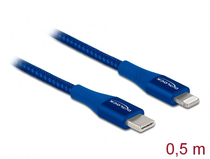 DeLOCK Kabel – USB-C auf Lightning 0,5 m, MFi zertifiziert, PD 27 W, geflochten, Blau – für iPhone/iPad