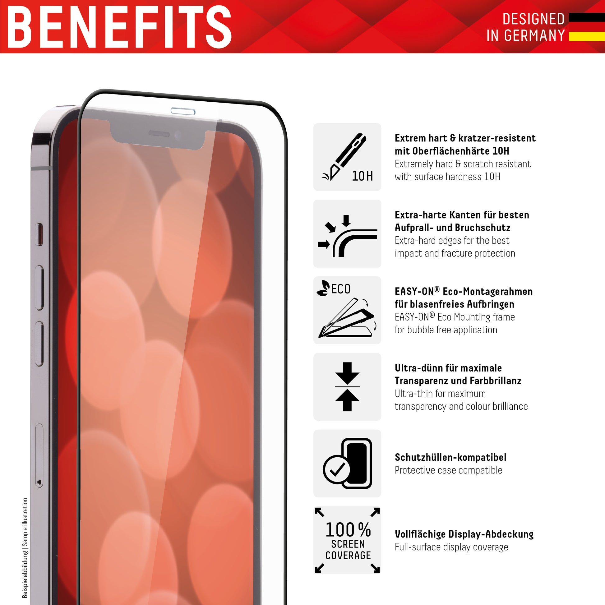 Displex Displayschutz (Panzerglas), Full Cover – für iPhone 6/7/8 und ähnliche – mit Applikator