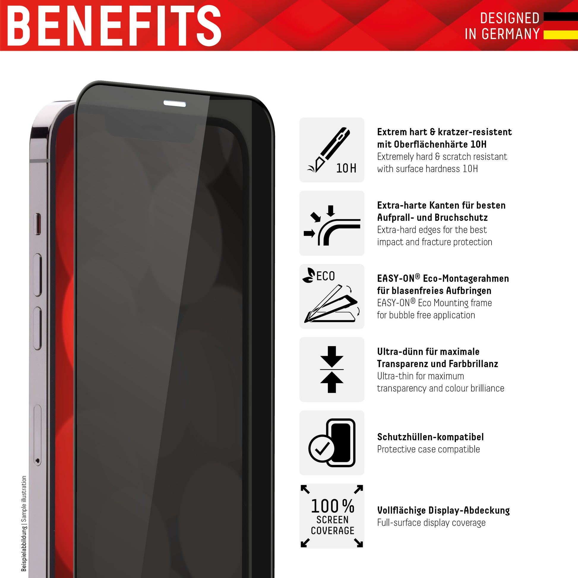 Displex Privacy-Filter (Panzerglas), 10H – für iPhone 12 Pro Max – mit Applikator