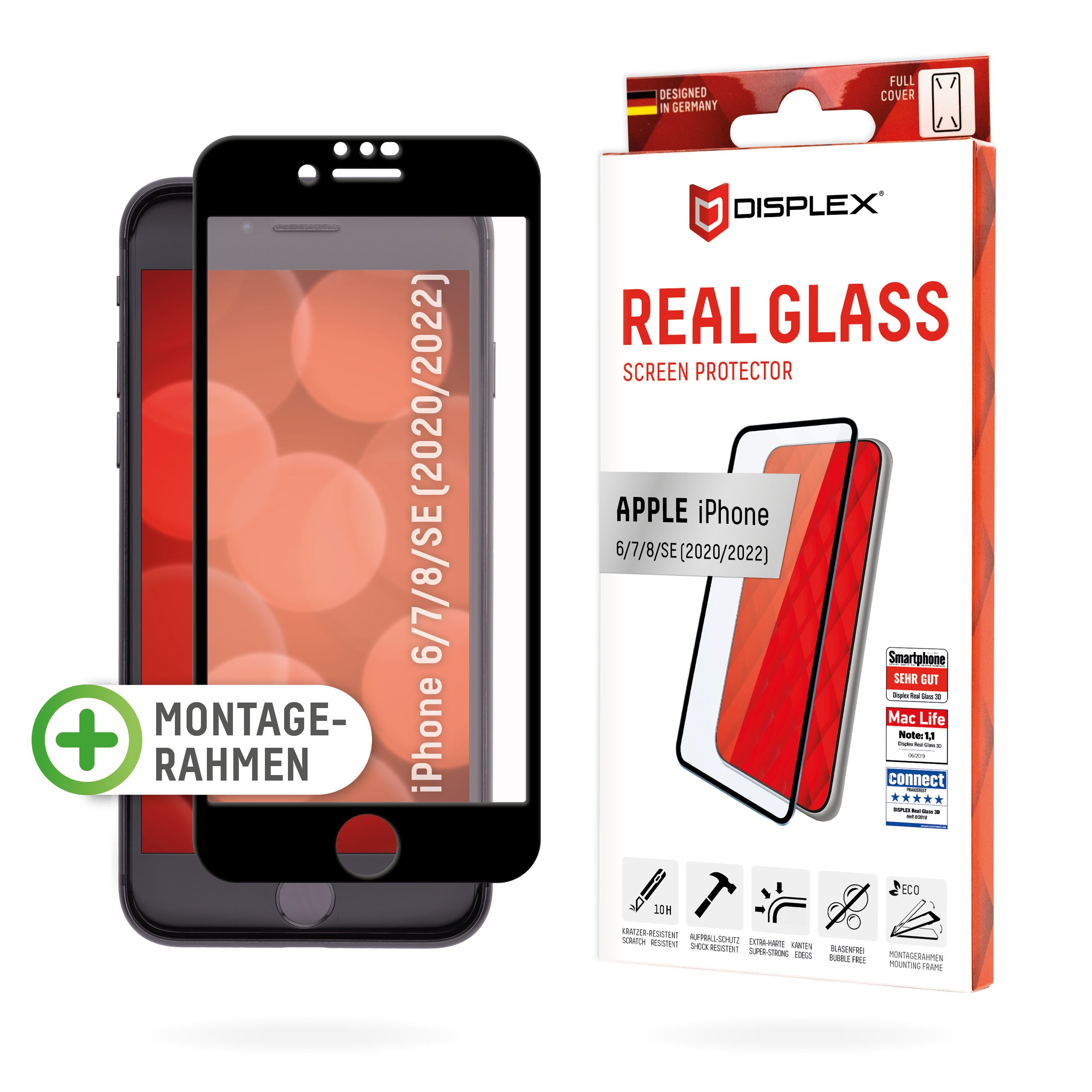 Displex Displayschutz (Panzerglas), Full Cover – für iPhone 6/7/8 und ähnliche – mit Applikator