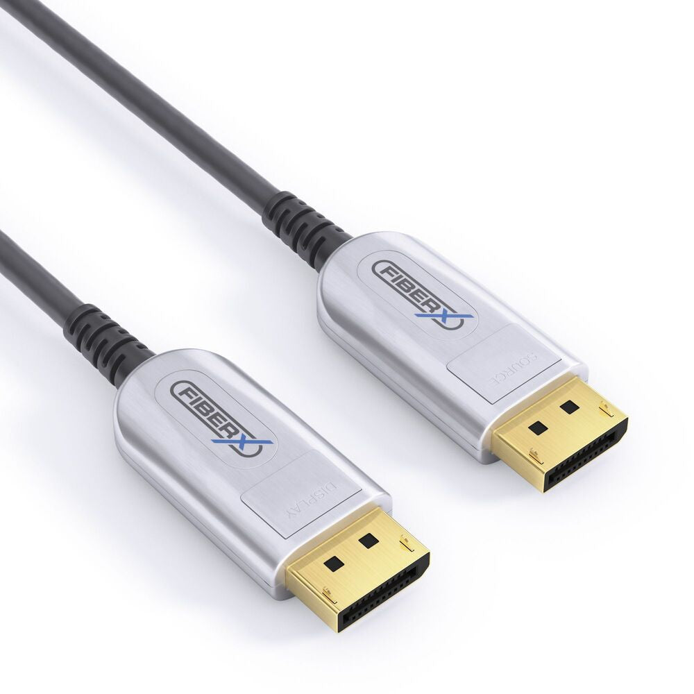 FiberX DisplayPort Kabel DP 2.0 8K 144 Hz – 60 m – AOC, verriegelbar – Schwarz/Silber