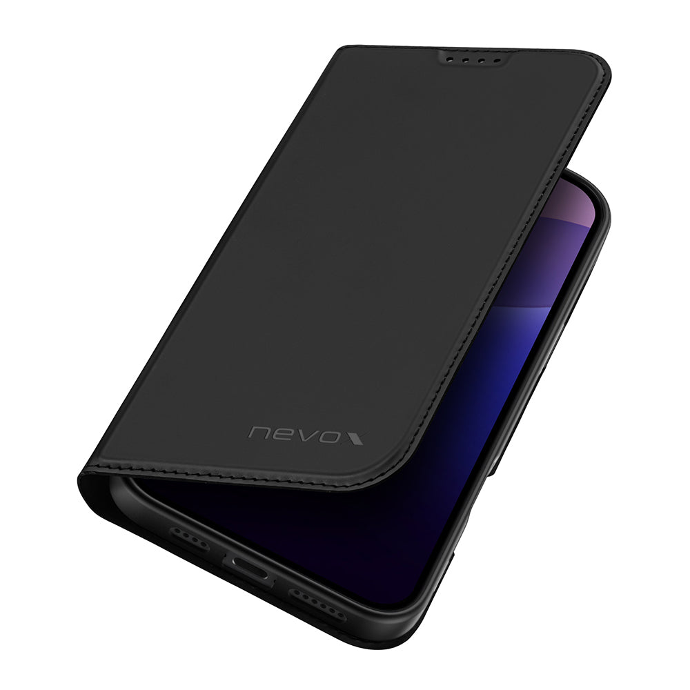 nevox Vario Series Wallethülle – für Apple iPhone 16 Pro Max, mit Ständer, 1 Kartenfach, PU+TPU, Schwarz