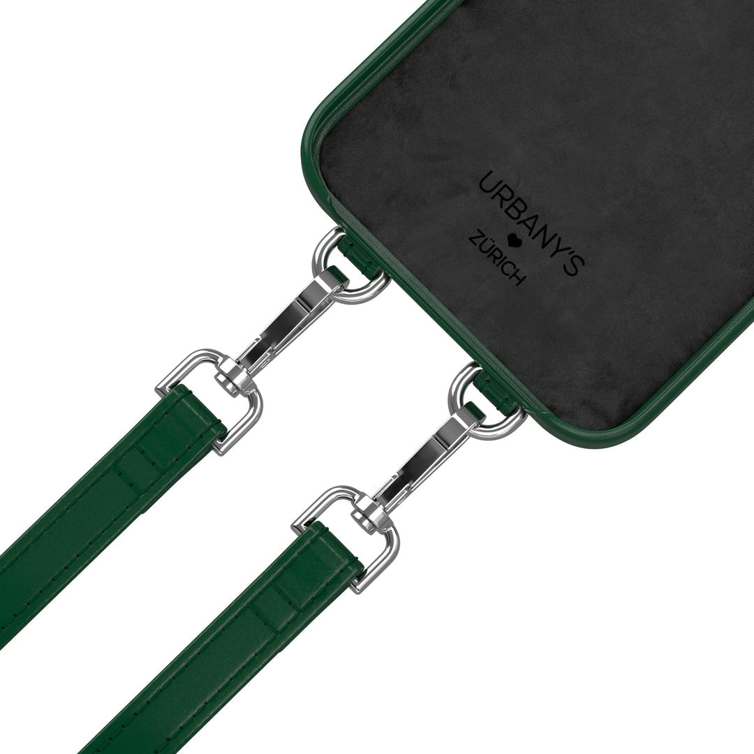 Urbany's Necklace-Hülle – für Apple iPhone 16 Plus – Grün – Recycling-Leder – mit Kartenfach, mit Kordel