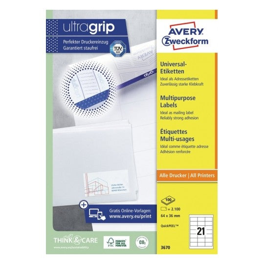 Avery Zweckform – Etiketten A4 64 × 36 mm – Papier, weiss – permanent haftend – Laser/Inkjet – (2'100 Stk.)