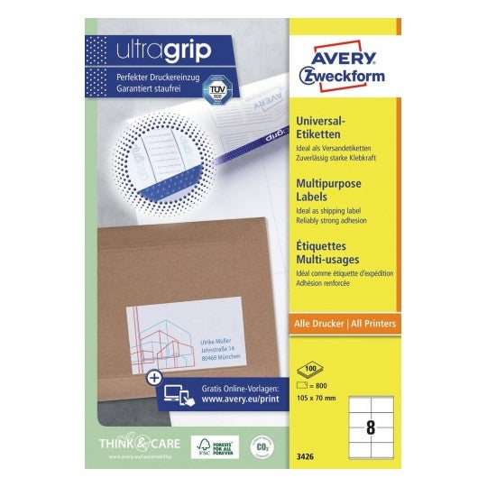 Avery Etiketten, 105 mm × 70 mm, weiss, Papier, permanent, 100 Blatt (800 Etiketten)