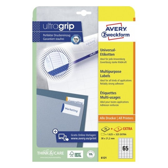Avery 6121 – Etiketten A4 38 × 21,2 mm – Papier, weiss – permanent haftend – 65 pro Blatt, 30 Blätter (1'950 Stk.)