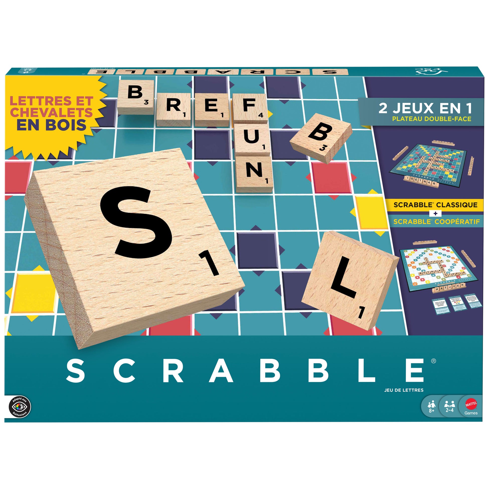 Mattel Scrabble Original Holz 2 in 1 – Brettspiel, 2–4 Spieler, ab 8 Jahren, 30 Min., FR