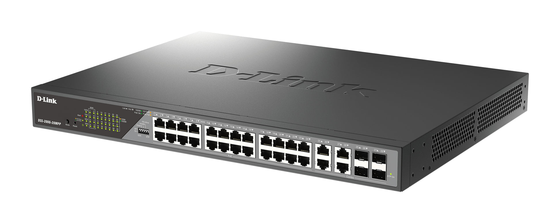 D-Link DSS-200G-28MP/E – Managed L2 Switch – 24× 1G, 4× SFP, PoE, PoE-Budget 370 W, 19", 1U