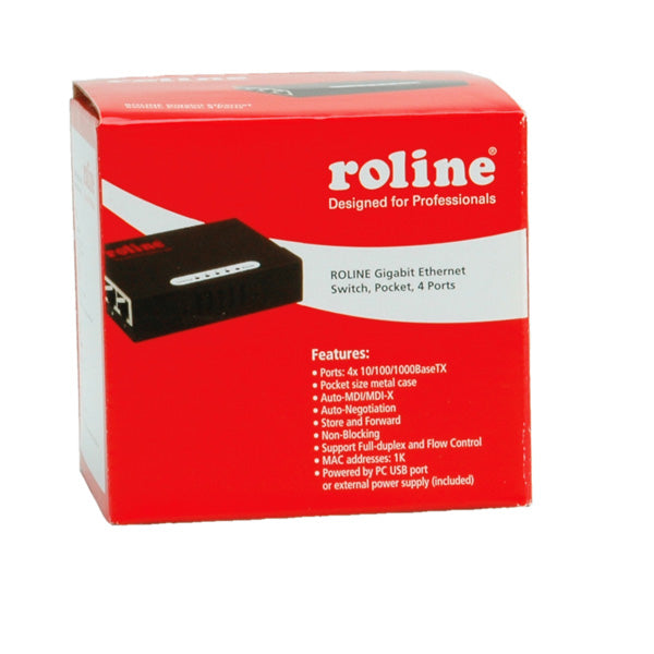ROLINE Pocket – Unmanaged Switch – 4× 1G, Desktop, Schwarz