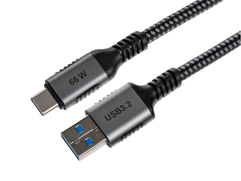 ONIT USB-A auf USB-C Kabel – USB 3.2 Gen 2 (10 Gbit/s) – 1 m – PD 66 W – Textilmantel – Schwarz/Grau