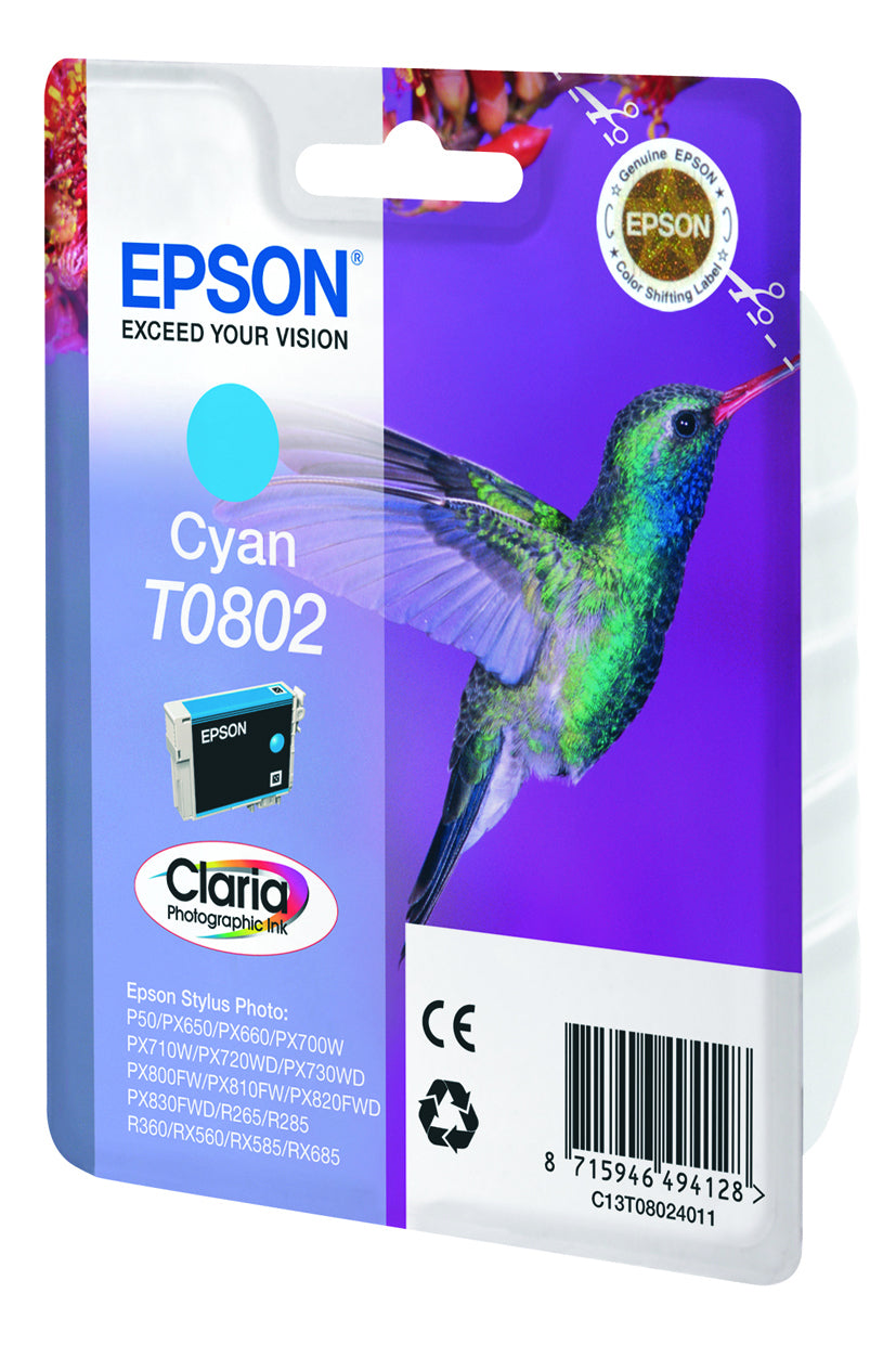 Epson T0802 Cyan Tintenpatrone (Original) – 7,4 ml – für Epson Stylus Photo RX685/RX585/R360 …