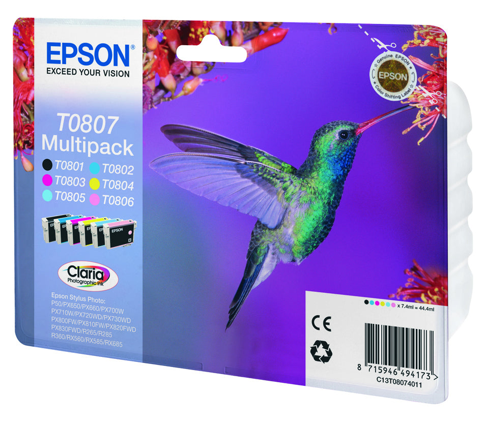 Epson Tintenpatronen-Multipack T0807 (C13T08074021), Original – für Stylus Photo RX685, RX585, RX560 und andere