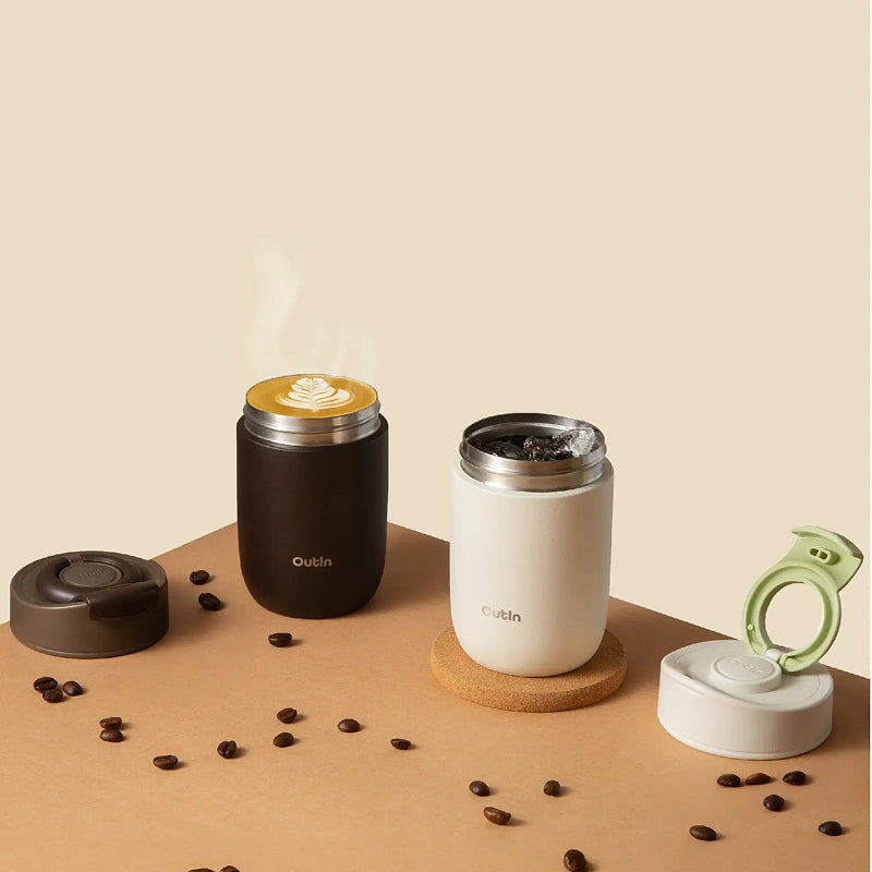 Outin Travel Tumbler Thermobecher 350 ml – doppelwandig 6 h heiss/12 h kalt, Edelstahl, Dunkelbraun