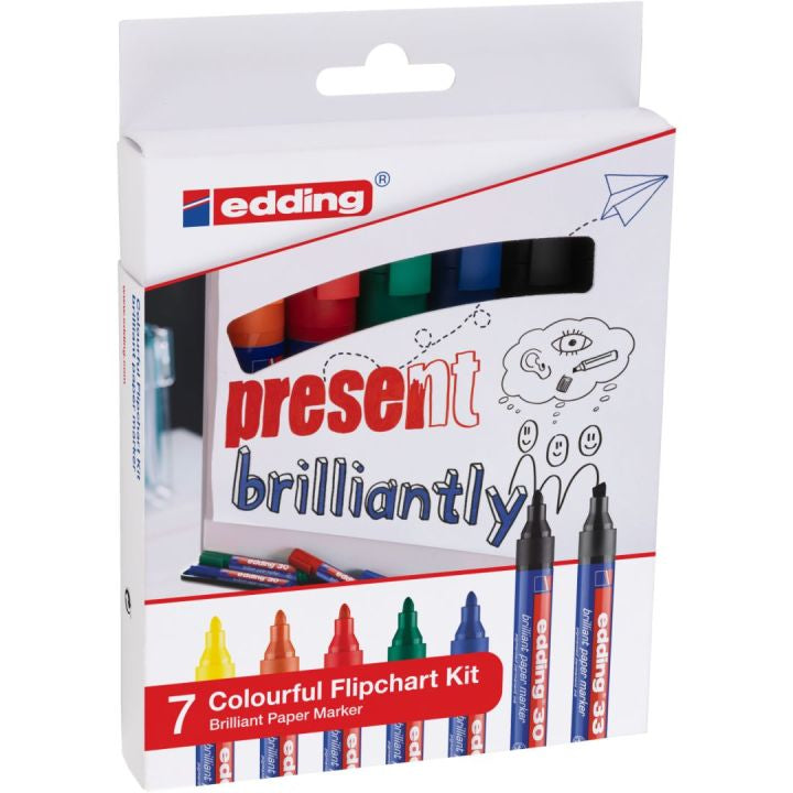Edding Flipchart-Marker Brilliant Paper 30/33 – Rundspitze, Keilspitze – Sortiert – 7er-Set – Nachfüllbar