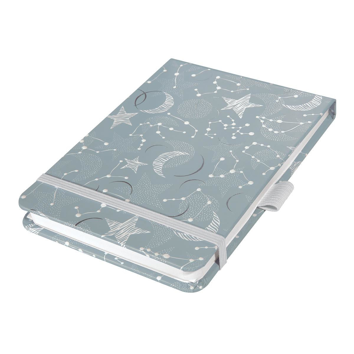 Sigel Notizblock – A6+ – 79 Blatt – 100 g/m² – Hardcover, perforiert, Gummiband, Stiftschlaufe, grau/weiss, FSC