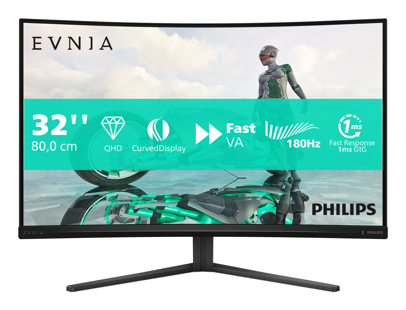 Philips 32M2C3500L/00 – Monitor, 31,5", VA, 180 Hz, 300 cd/m², Gebogen, VESA 100 × 100, Anthrazit