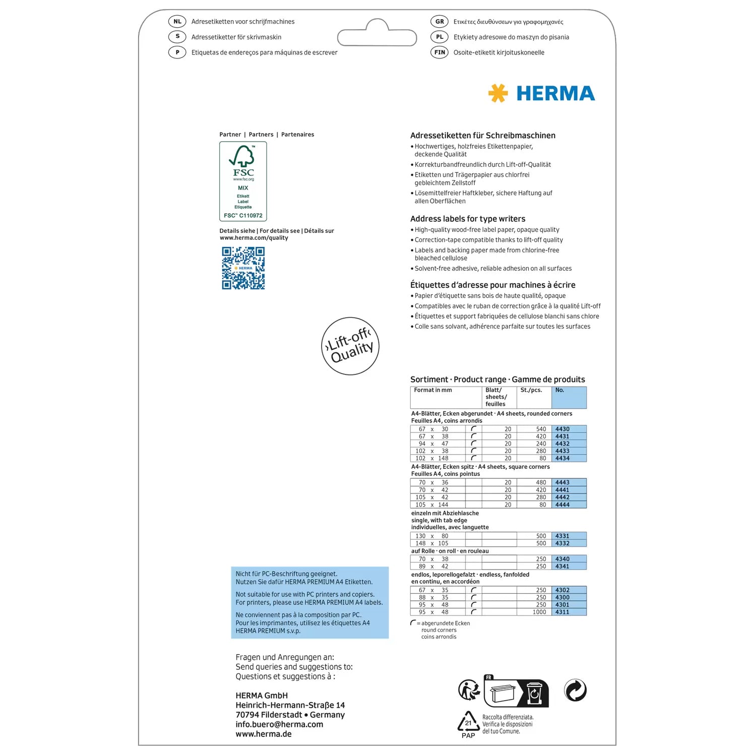HERMA Adressetiketten, korrigierbar – für Schreibmaschinen bis 4 Durchschläge – 480er-Pack
