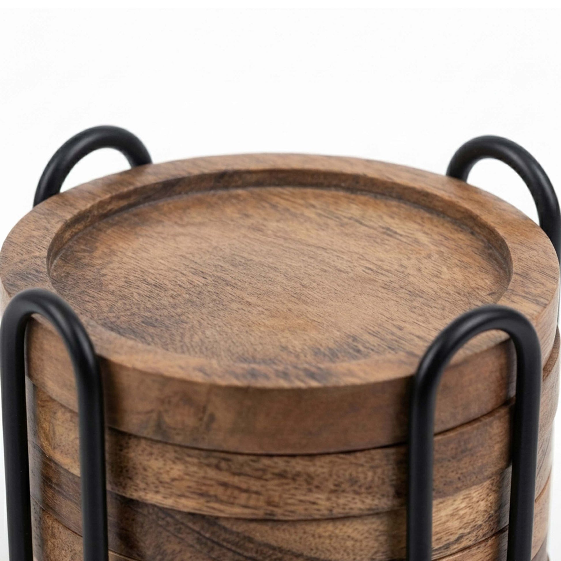 Relaxdays Glasuntersetzer – 7er Set, Ø 10 cm, Holz (Akazie)/Eisen, Braun, inkl. Ständer, rutschfest