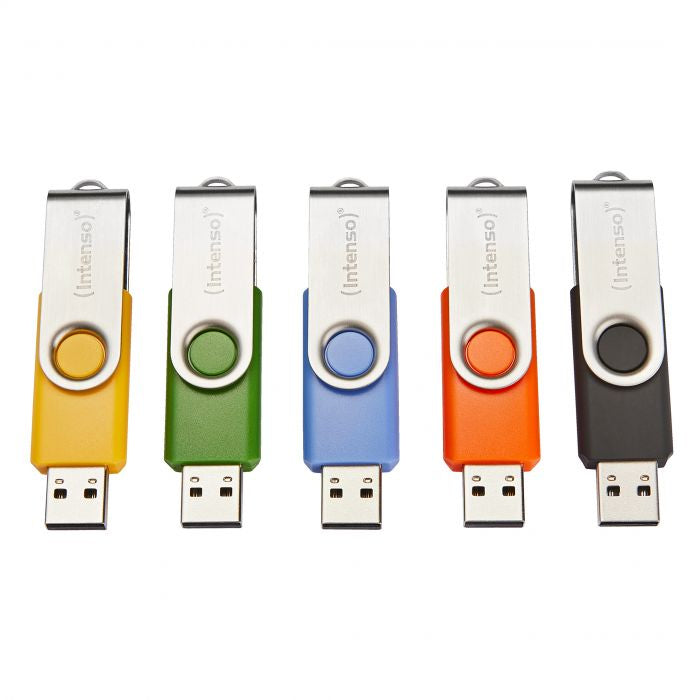 Intenso Basic Line USB-Stick 32 GB – USB-A USB 2.0, 28/6,5 MB/s, Drehring, Mehrfarbig, 5er Pack