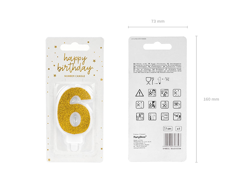 PartyDeco Geburtstagskerzen Zahl 6 – Gold – 3 × 7 cm – 1 Stk
