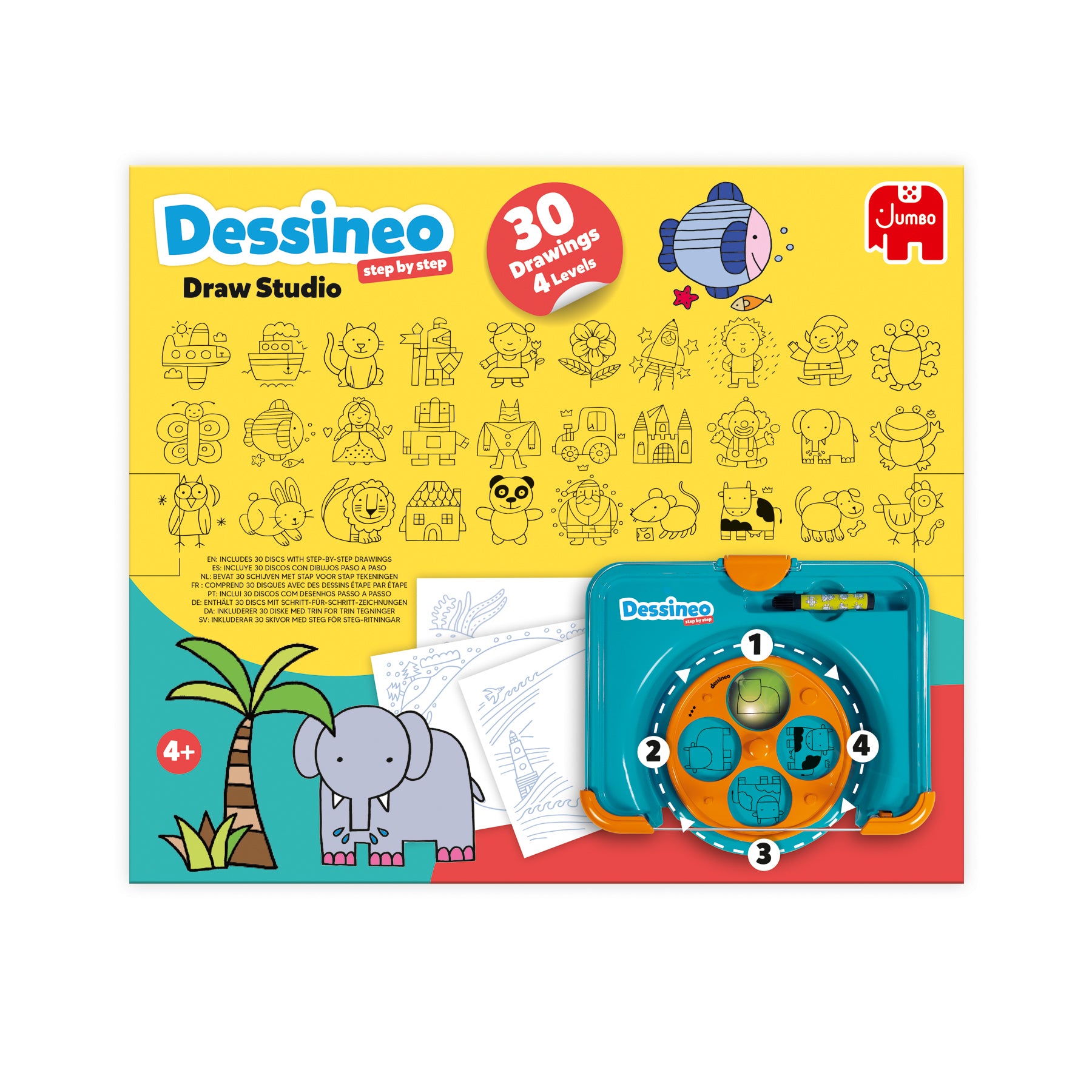 Jumbo Dessineo – Mal-Set für Kinder, sortiert, mit Zeichenplatte, 30 Schablonen, 1 schwarzer Stift