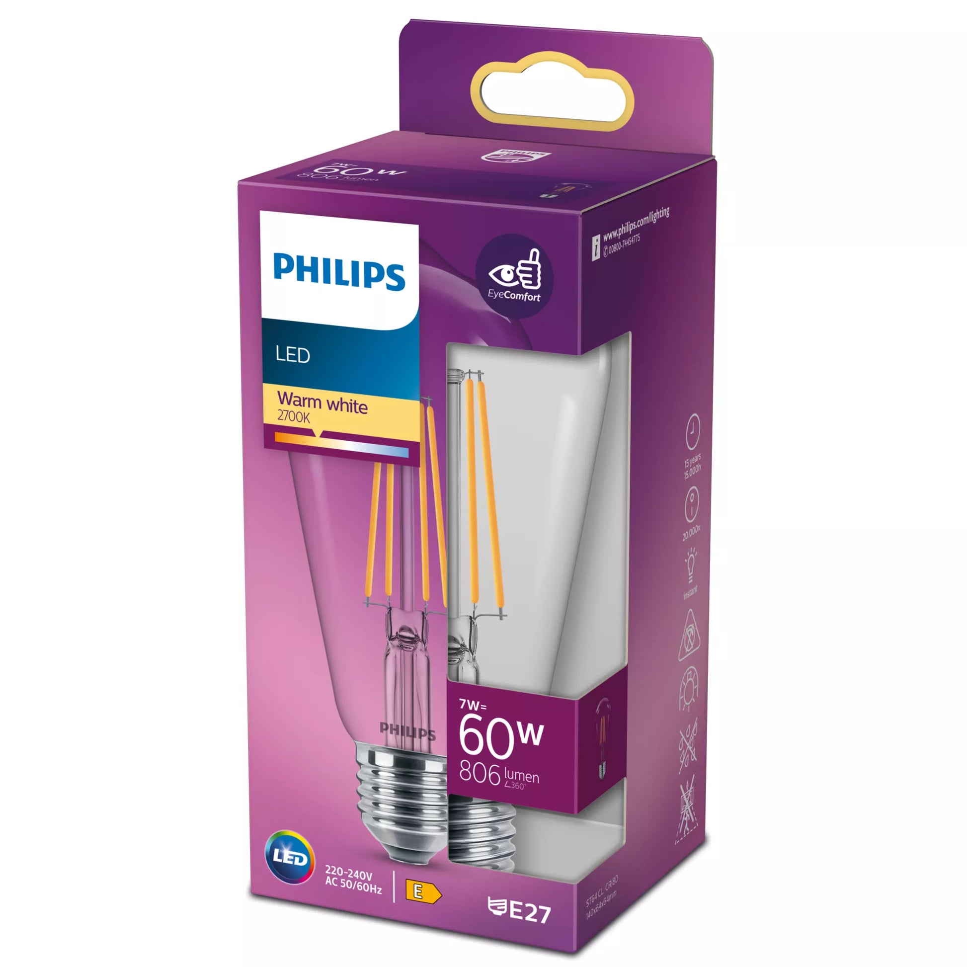 Philips by Signify Philips LED-Leuchtmittel E27 ST64 – Warmweiss 2700 K, 806 lm, 7 W – IP20 – 1 Stk. – Transparent, Glas