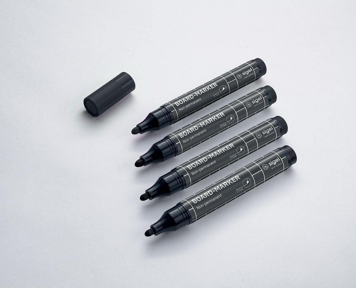 Sigel Whiteboard-Marker – 2–3 mm, schwarz, 4 Stk., feucht abwischbar – für Papier