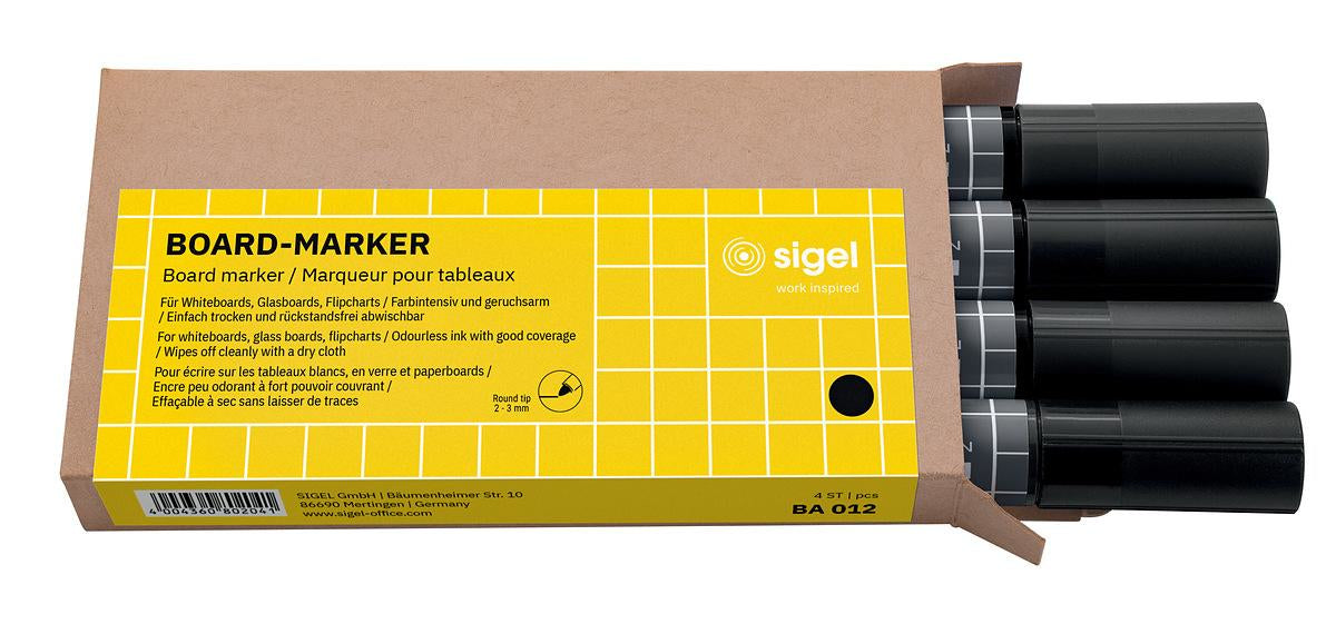 Sigel Whiteboard-Marker – 2–3 mm, schwarz, 4 Stk., feucht abwischbar – für Papier