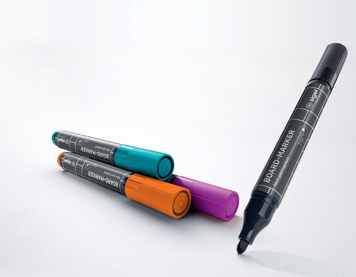 Sigel Whiteboard-Marker – Rundspitze 2–3 mm, 4 Farben, 4 Stk., feucht abwischbar – für Papier