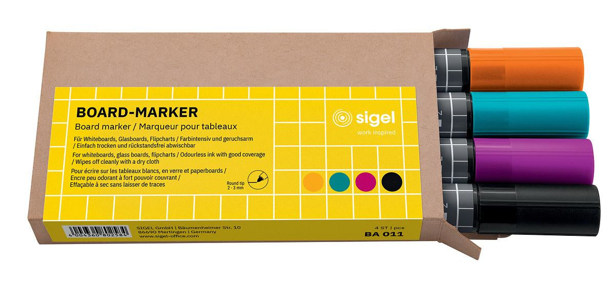 Sigel Whiteboard-Marker – Rundspitze 2–3 mm, 4 Farben, 4 Stk., feucht abwischbar – für Papier