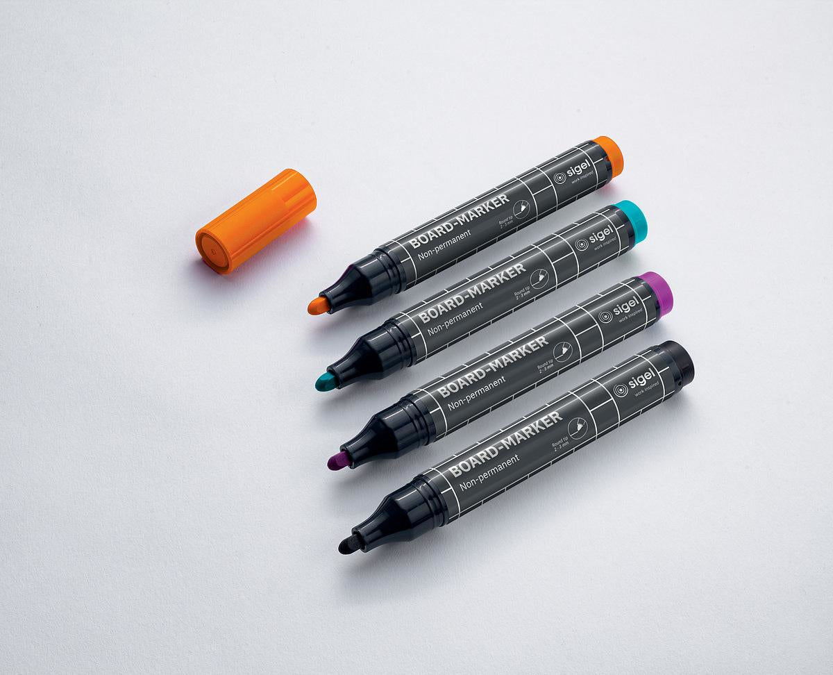 Sigel Whiteboard-Marker – Rundspitze 2–3 mm, 4 Farben, 4 Stk., feucht abwischbar – für Papier