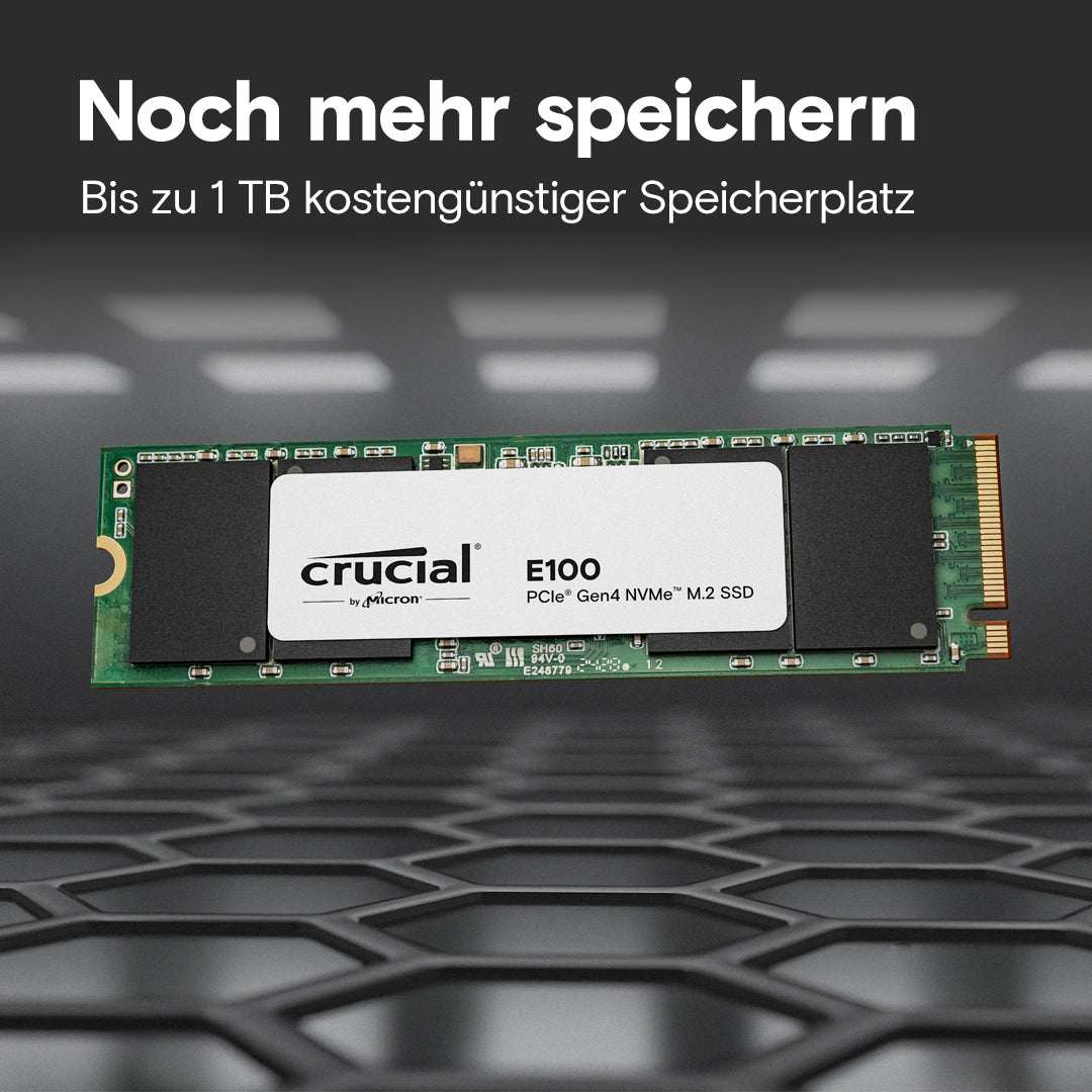 Crucial E100 2 TB – M.2 2280, NVMe, PCIe 4.0 x4, Lesen 5000 MB/s, Schreiben 4500 MB/s – für PC/Laptop