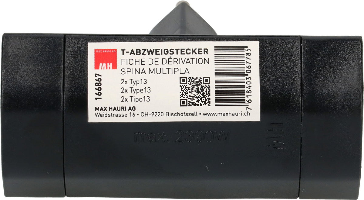 Max Hauri AG Abzweigstecker – 2× Typ 13 (T13), 3-polig, 230 V / 10 A – Schwarz
