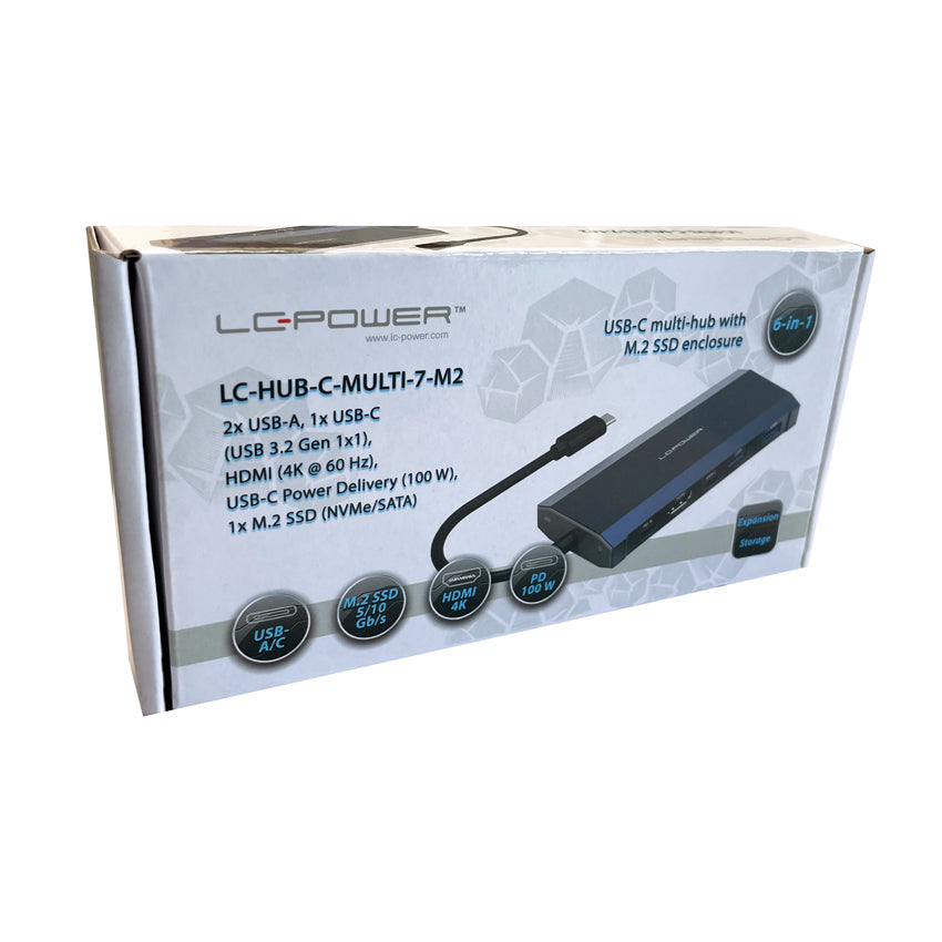 LC-Power LC-C-multi-7 M2 Multiport-Adapter – USB-C, 1× HDMI, 2× USB-A, 1× USB-C, 100 W PD, für Windows/Mac