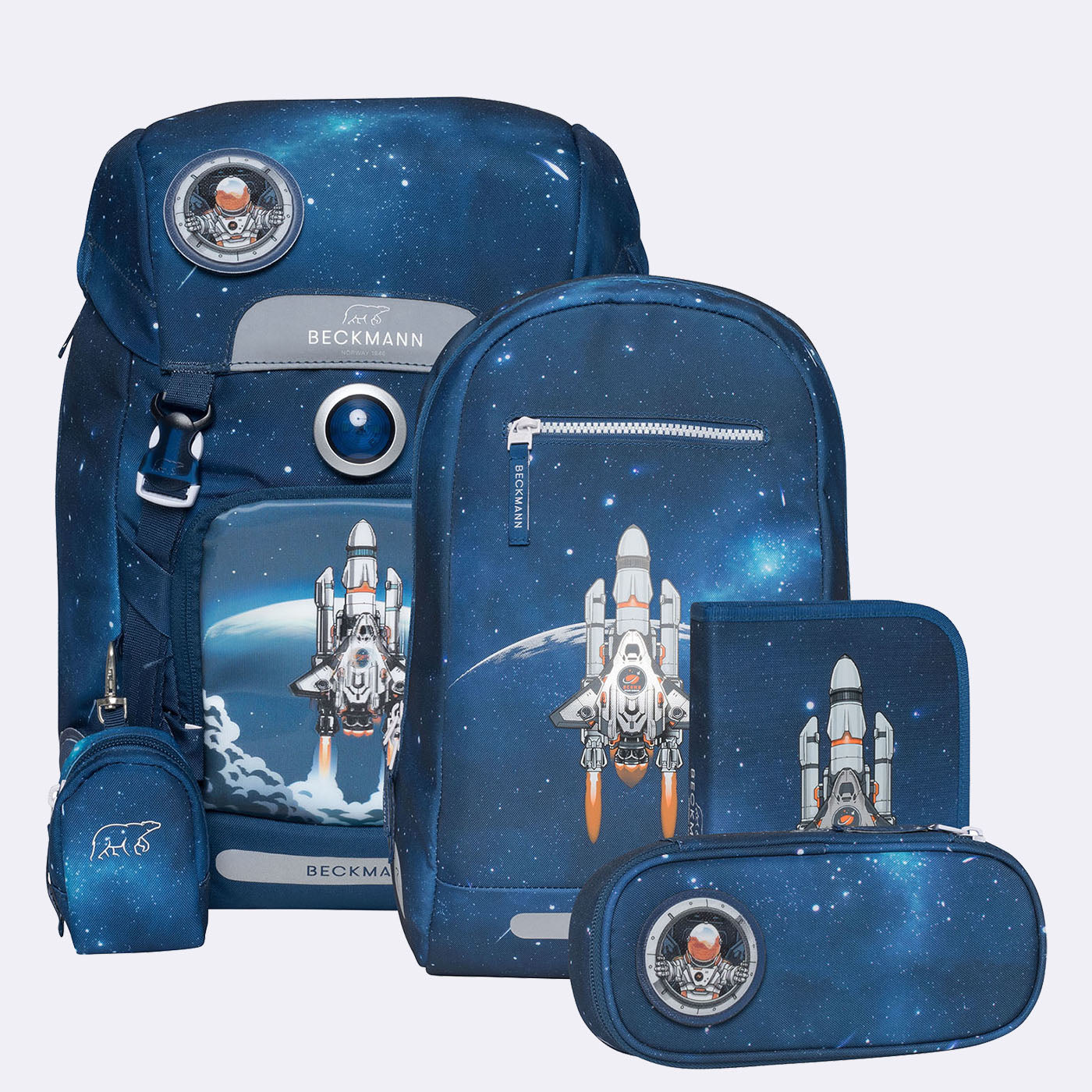 Beckmann Classic Schulrucksack 1st – 6-teilig – Space Mission – mit Leuchteffekt