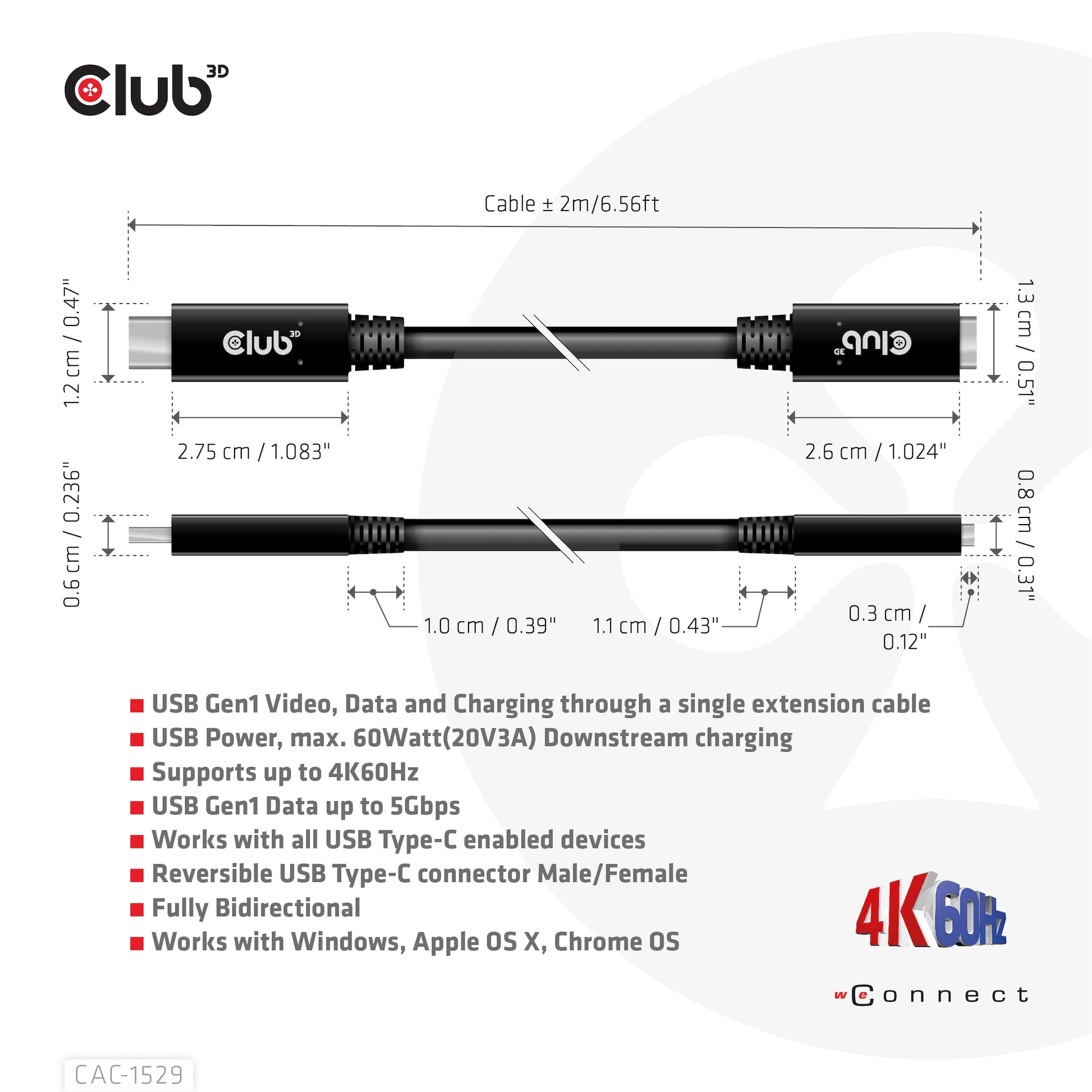 CLUB3D Club 3D – USB-C Verlängerungskabel (Stecker auf Buchse) – USB 3.2 Gen 1 (5 Gbit/s) – 1 m – Schwarz