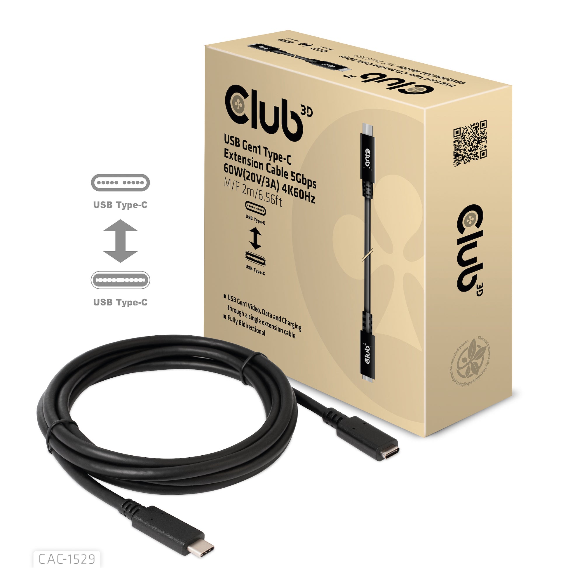 CLUB3D Club 3D – USB-C Verlängerungskabel (Stecker auf Buchse) – USB 3.2 Gen 1 (5 Gbit/s) – 1 m – Schwarz
