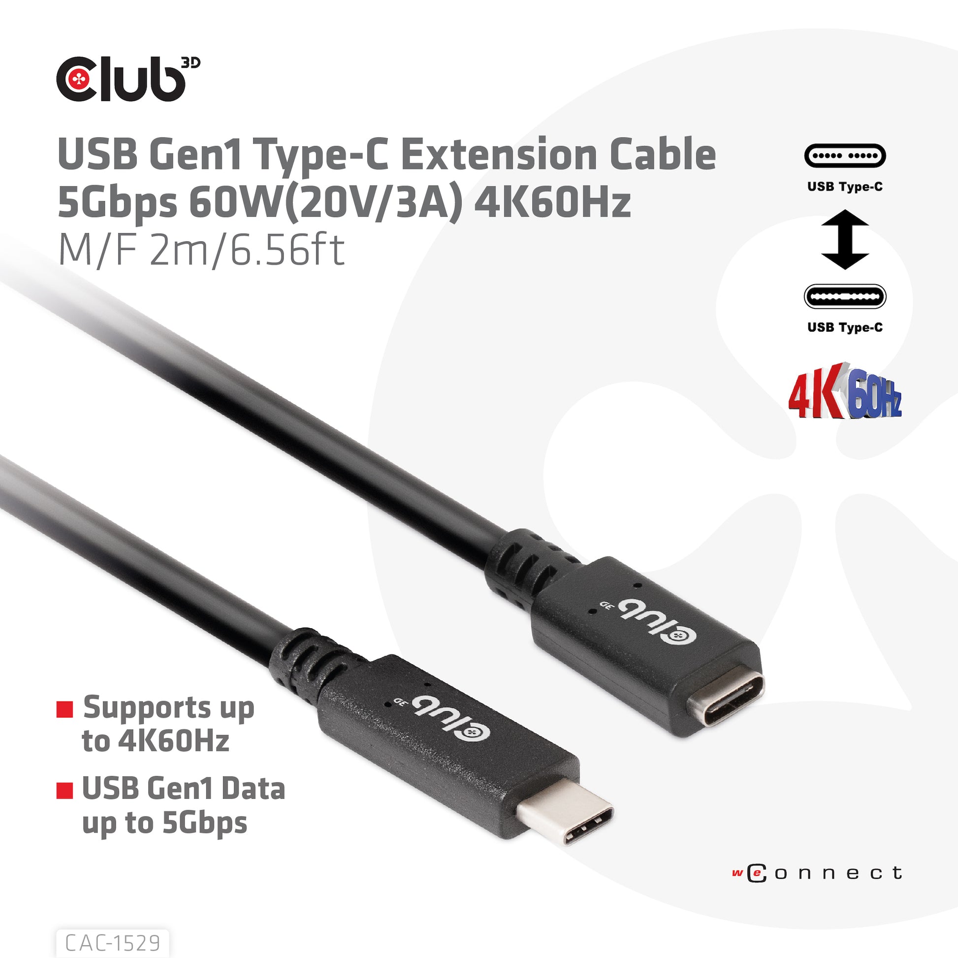 CLUB3D Club 3D – USB-C Verlängerungskabel (Stecker auf Buchse) – USB 3.2 Gen 1 (5 Gbit/s) – 1 m – Schwarz