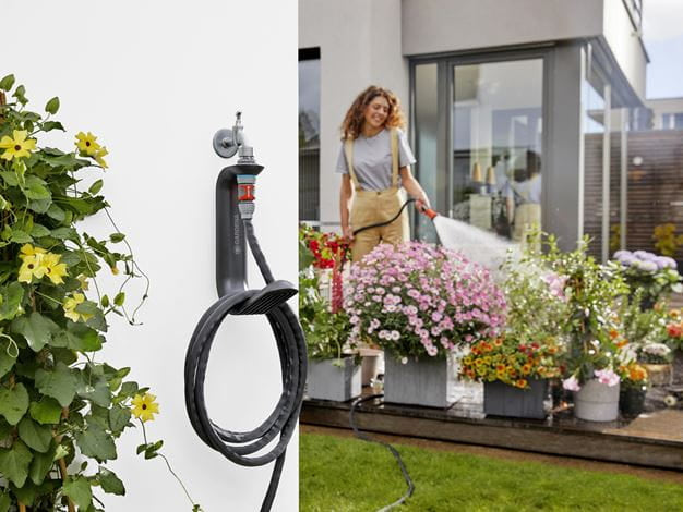 Gardena Liano TapFix Schlauchhalter 20 m – zur Wandmontage, werkzeuglos, schwarz