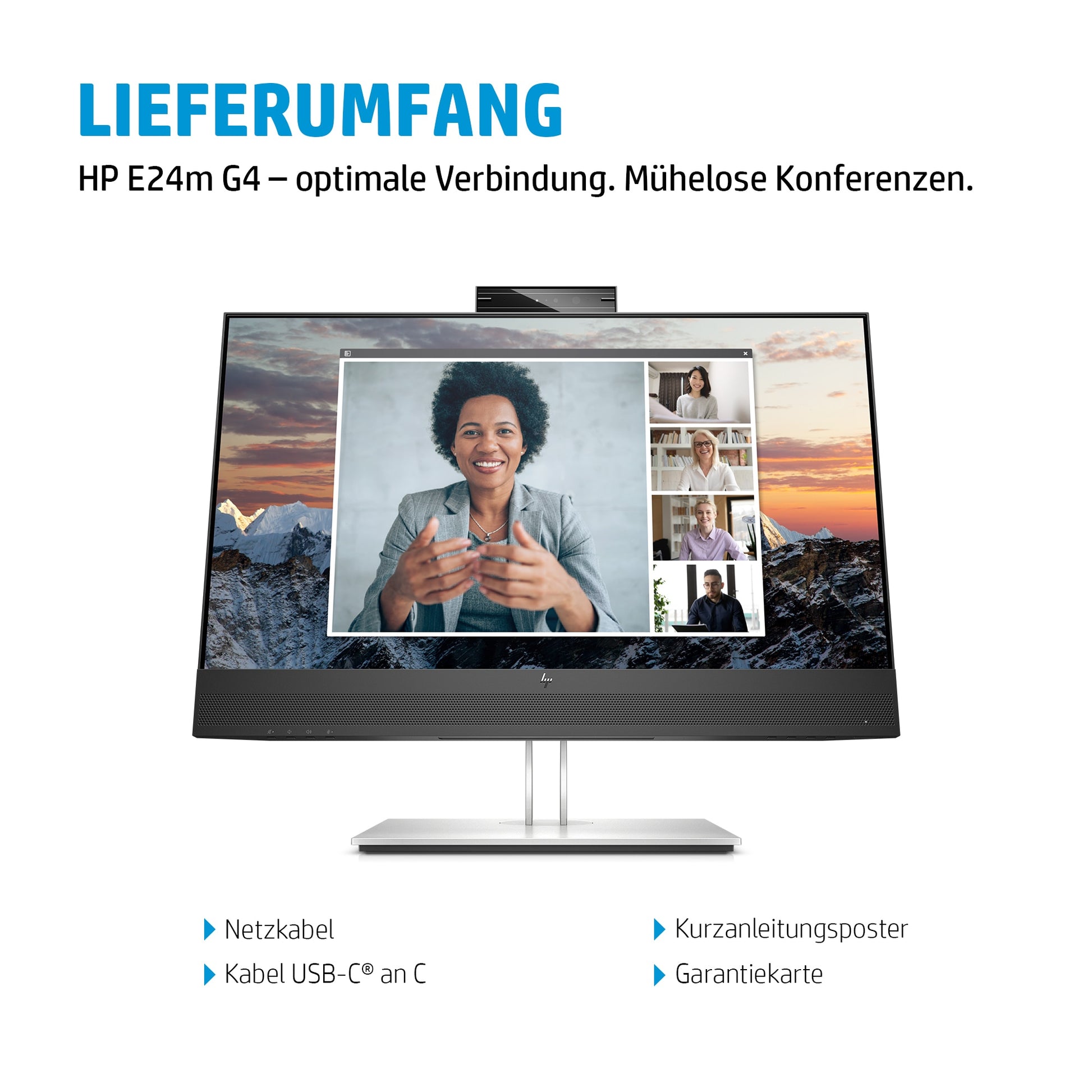 HP E24m G4 – Monitor, 23,8", 300 cd/m², Webcam, Mikrofon, Lautsprecher, USB-C PD 65 W, VESA 100 × 100, Schwarz
