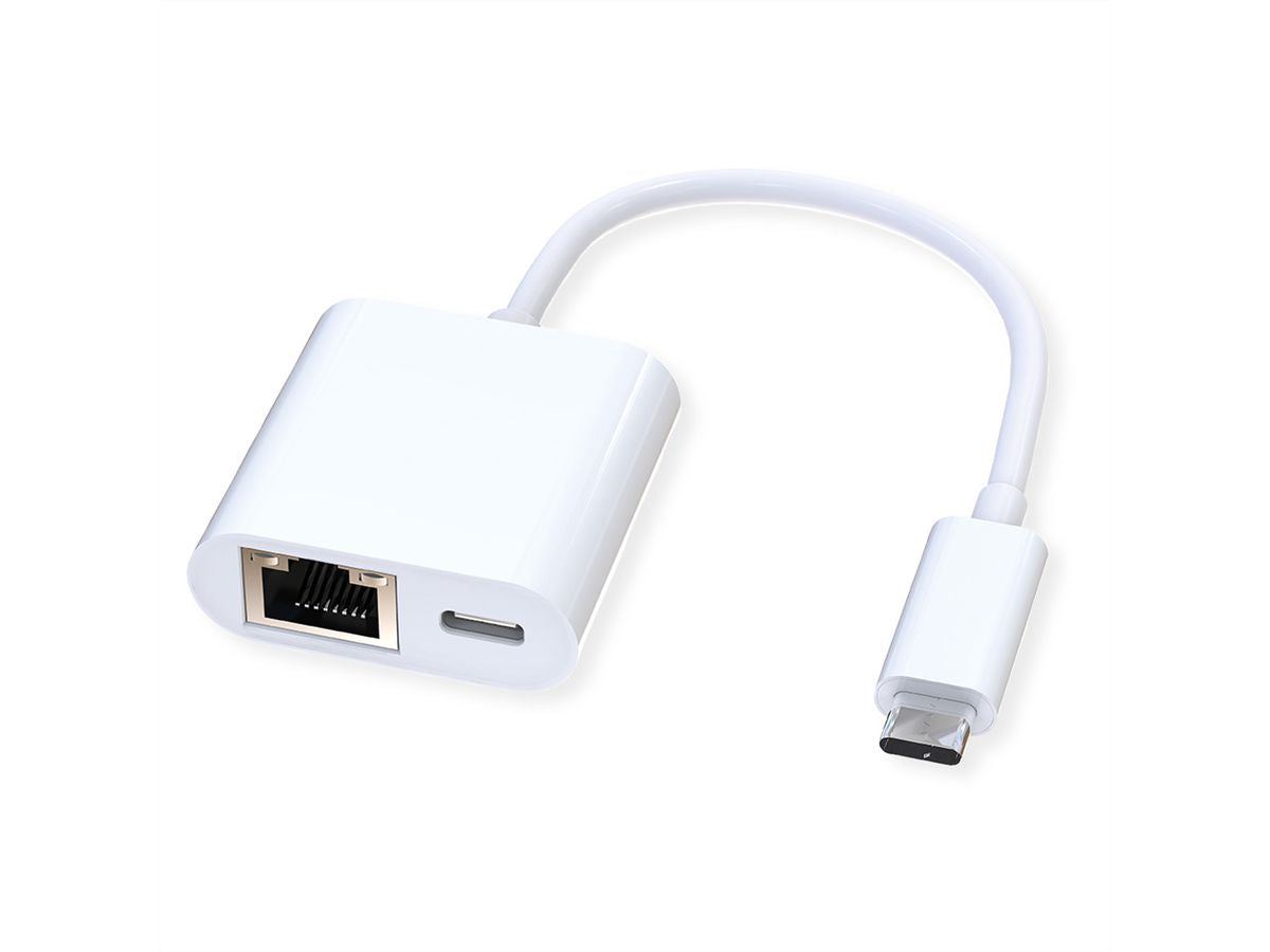 ROLINE Netzwerkadapter USB-C zu RJ-45 – Gigabit (1 Gbit/s), USB 3.2 Gen 2, 1× RJ-45, PD 100 W, Weiss