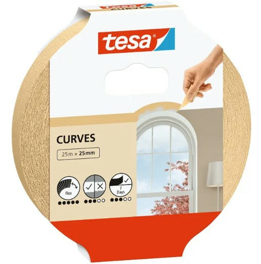 TESA Malerband Masking Tape Curves, braun – 25 mm × 25 m, innen, rückstandsfrei bis 7 Tage