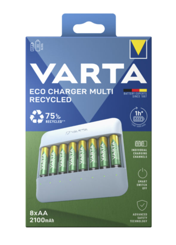 Varta Eco Charger Multi Recycled Batterieladegerät 8× – für AA/AAA (NiMH) – inkl. 8× AA 2100 mAh, USB-C