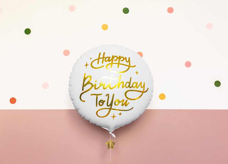 PartyDeco Folienballon Happy Birthday – Weiss/Gold – Ø 35 cm – Folie – 1 Stk – mit Helium befüllbar